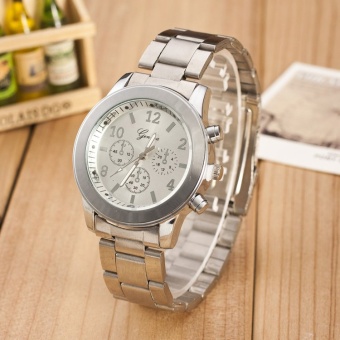 Geneva Stainless Steel Quartz Wrist Watch Three Dials-Silver